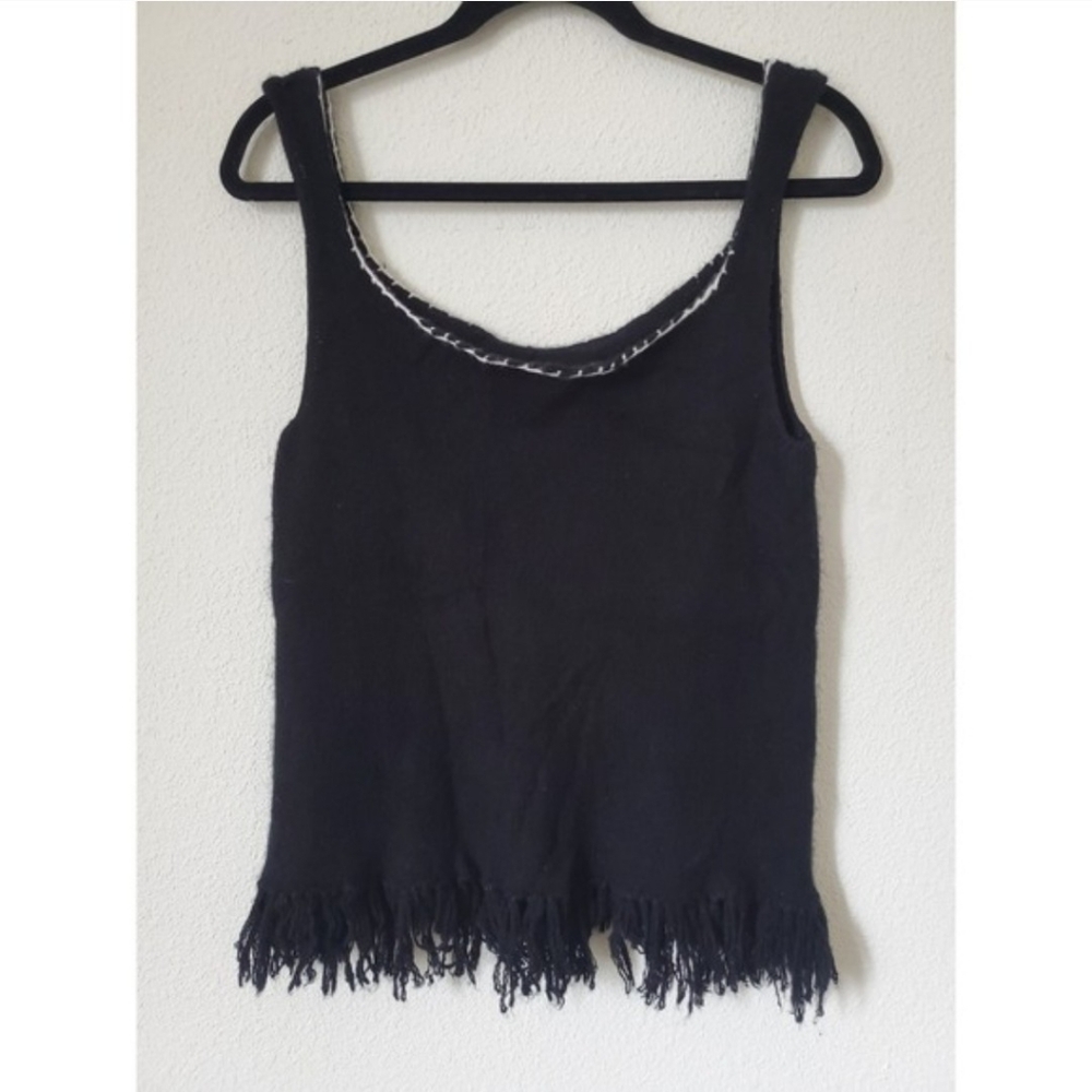 Souchi Black Cashmere Fringe Tank Top Sweater Size S Hand Loomed White stitching
